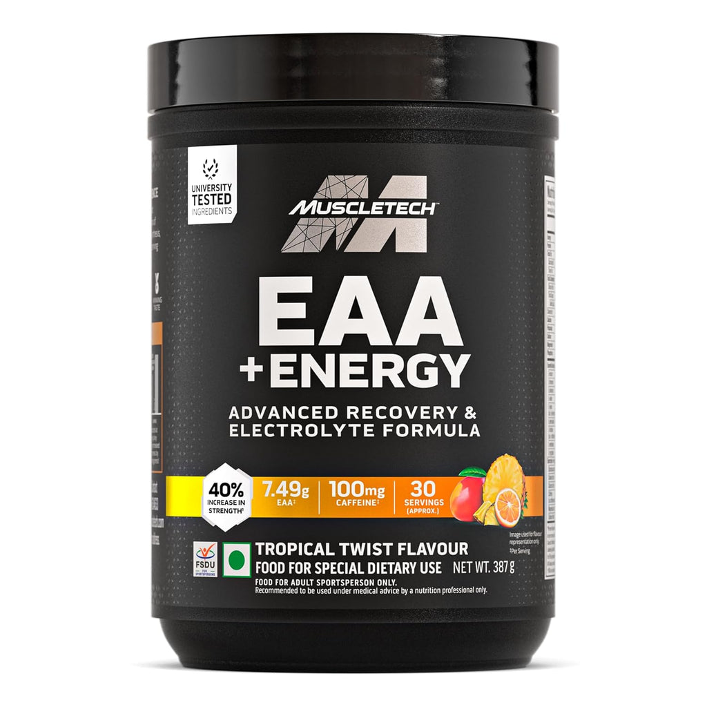 MuscleTech Eaa + Energy | Essential Amino Acids + 100Mg Caffeine | Replenish Electrolytes | Ultimate Recovery 7.4 grams Eaa | 4.5 grams Bcaa | 3 grams Leucine | 30 Servings | Tropical Twist