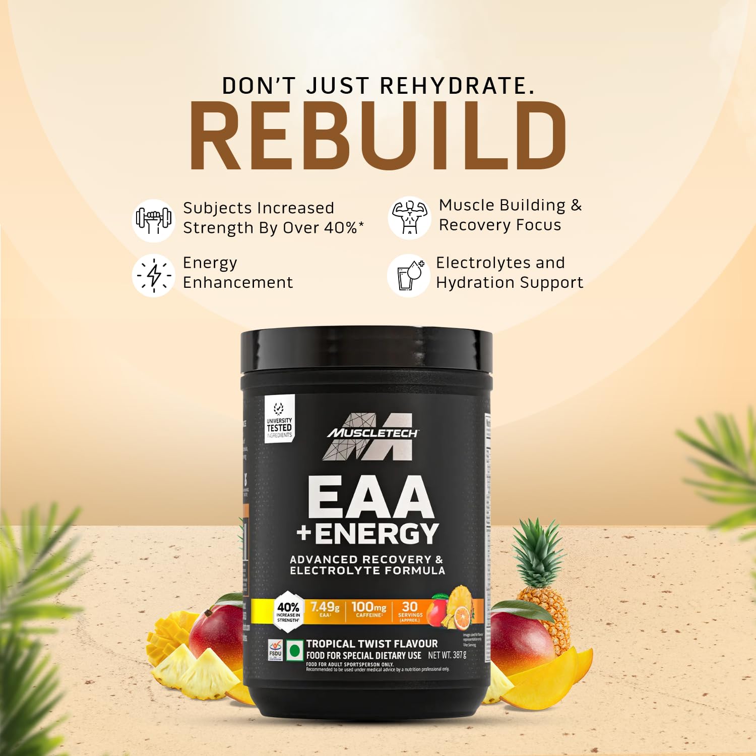 MuscleTech Eaa + Energy | Essential Amino Acids + 100Mg Caffeine | Replenish Electrolytes | Ultimate Recovery 7.4 grams Eaa | 4.5 grams Bcaa | 3 grams Leucine | 30 Servings | Tropical Twist