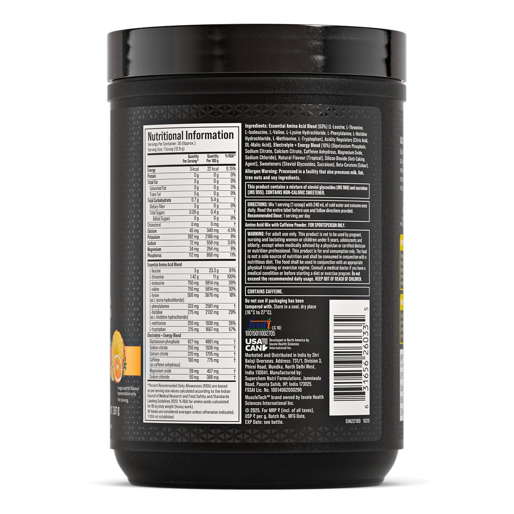 MuscleTech Eaa + Energy | Essential Amino Acids + 100Mg Caffeine | Replenish Electrolytes | Ultimate Recovery 7.4 grams Eaa | 4.5 grams Bcaa | 3 grams Leucine | 30 Servings | Tropical Twist