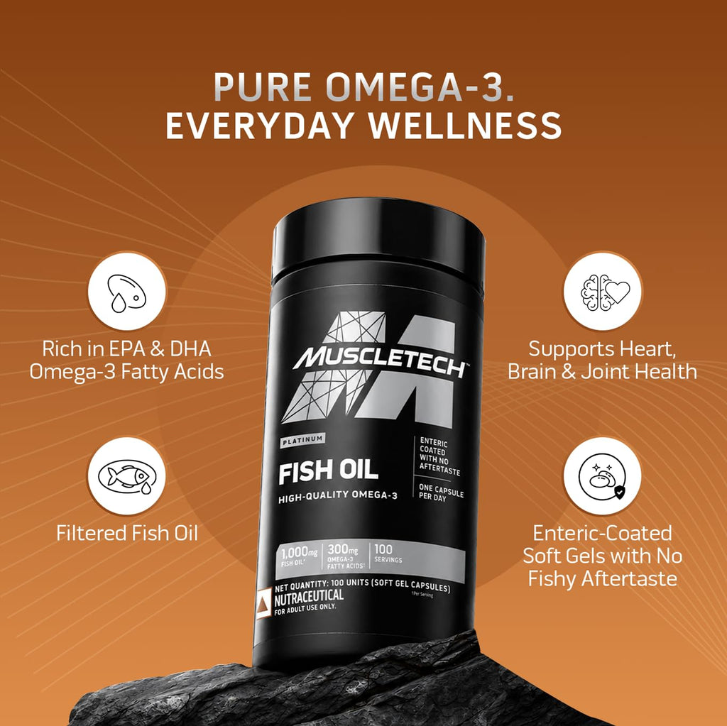 MuscleTech Platinum Fish Oil For Men And Women, 1000Mg Omega 3 With 180 Mg Epa & 120 Mg Dha For Heart, Joints & Brain Health, 100 Softgels, 1 count, 100 servings