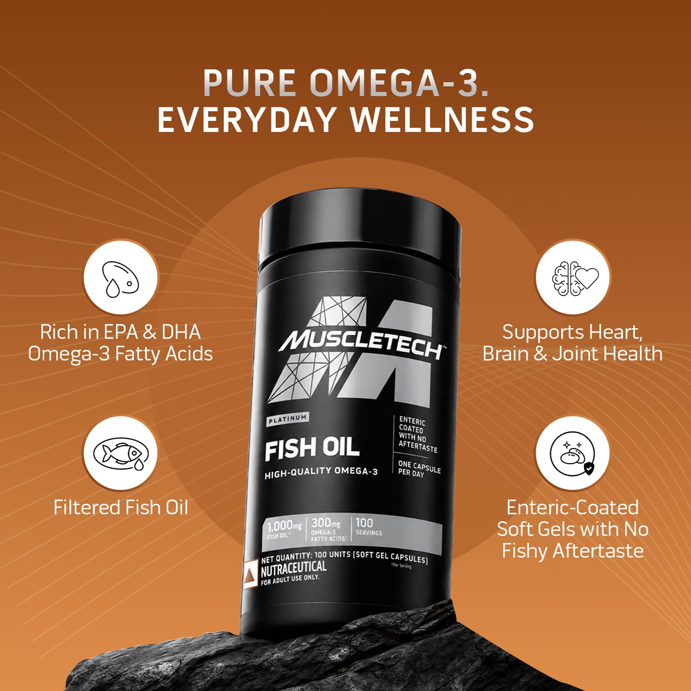 MuscleTech Platinum Fish Oil For Men And Women, 1000Mg Omega 3 With 180 Mg Epa & 120 Mg Dha For Heart, Joints & Brain Health, 100 Softgels, 1 count, 100 servings