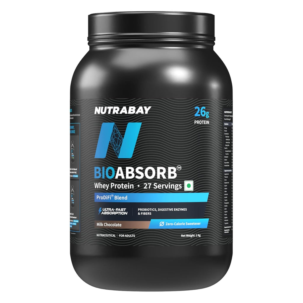 Nutrabay BioAbsorb™ Whey Protein Powder - 1kg, Milk Chocolate | Clinically Tested 54% Better Absorption | 26g Protein/Scoop | India's 1st Protein with ProDiFi™ for No Bloating | No Added Sugar
