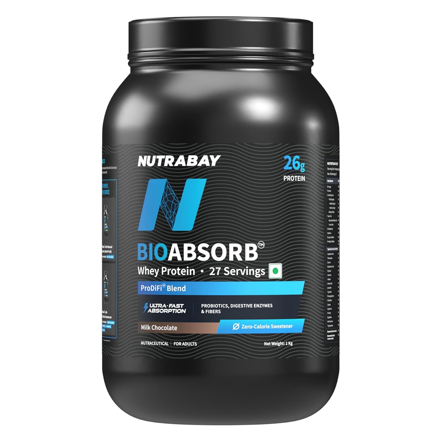 Nutrabay BioAbsorb™ Whey Protein Powder - 1kg, Milk Chocolate | Clinically Tested 54% Better Absorption | 26g Protein/Scoop | India's 1st Protein with ProDiFi™ for No Bloating | No Added Sugar