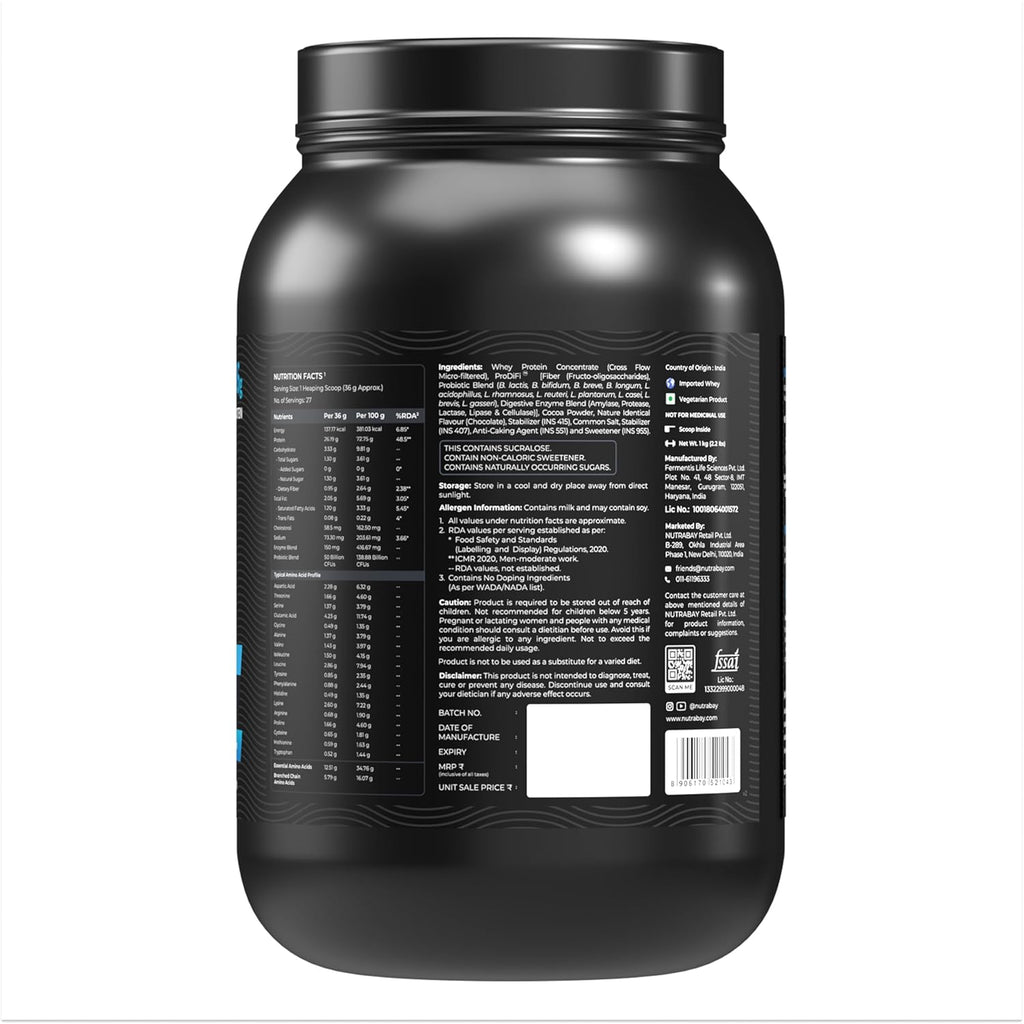 Nutrabay BioAbsorb™ Whey Protein Powder - 1kg, Milk Chocolate | Clinically Tested 54% Better Absorption | 26g Protein/Scoop | India's 1st Protein with ProDiFi™ for No Bloating | No Added Sugar
