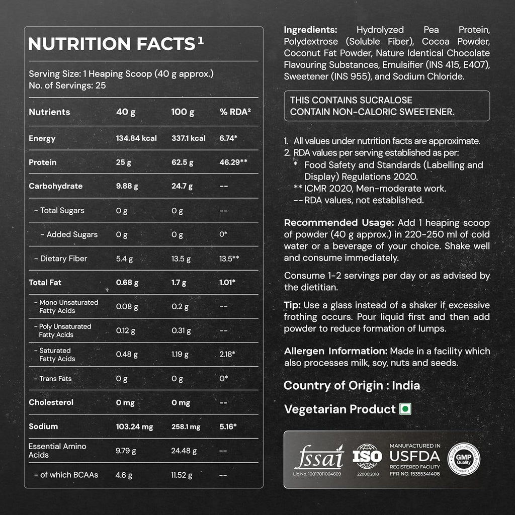 NUTRABAY Gold 100% Pea Protein Powder - 1kg, Rich Chocolate Crème | 25g Protein, 4.6g BCAA, 5g Fiber | Complete Amino Profile | Tastiest & Smoothest Vegan, Plant Protein | Muscle Gain & Fast Recovery