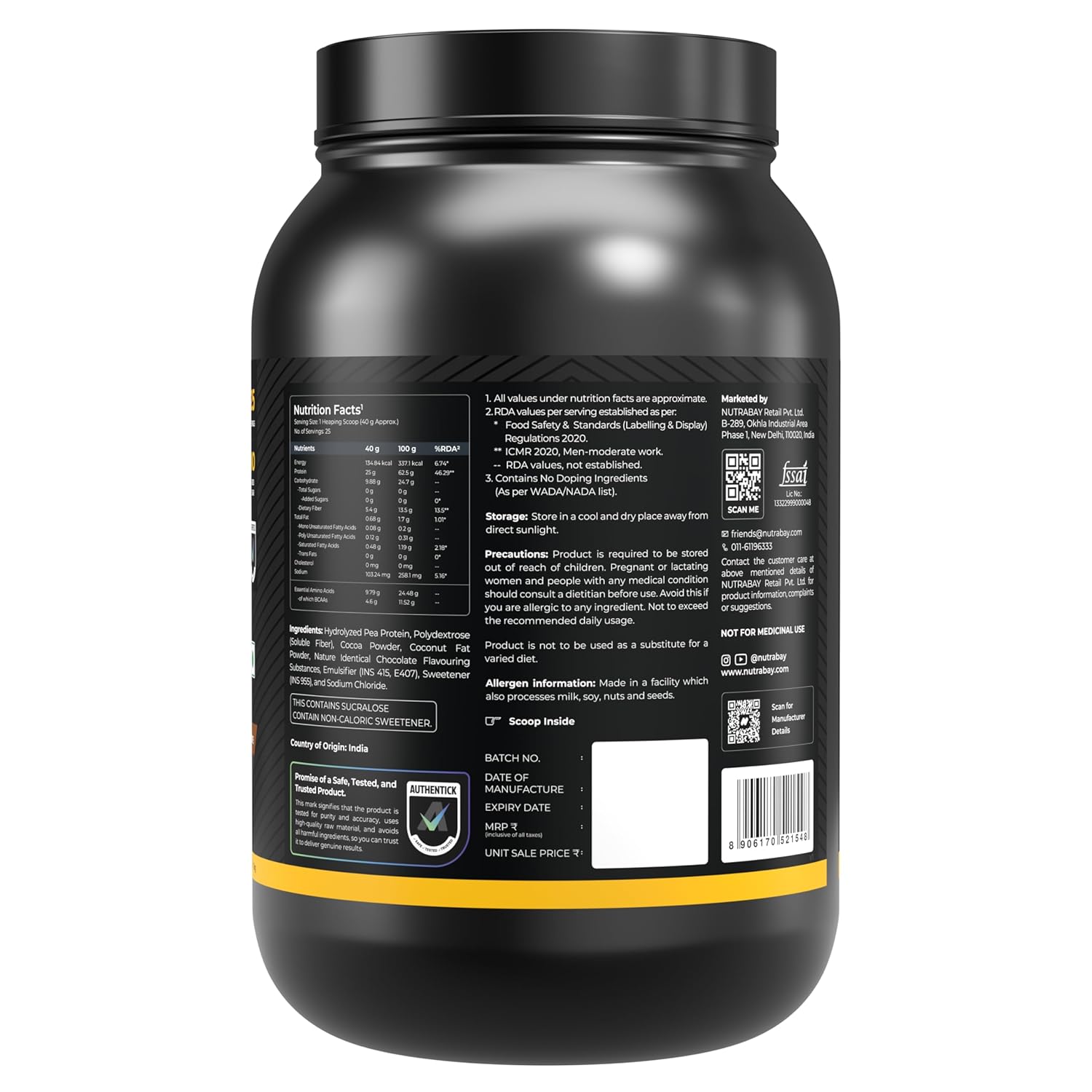NUTRABAY Gold 100% Pea Protein Powder - 1kg, Rich Chocolate Crème | 25g Protein, 4.6g BCAA, 5g Fiber | Complete Amino Profile | Tastiest & Smoothest Vegan, Plant Protein | Muscle Gain & Fast Recovery