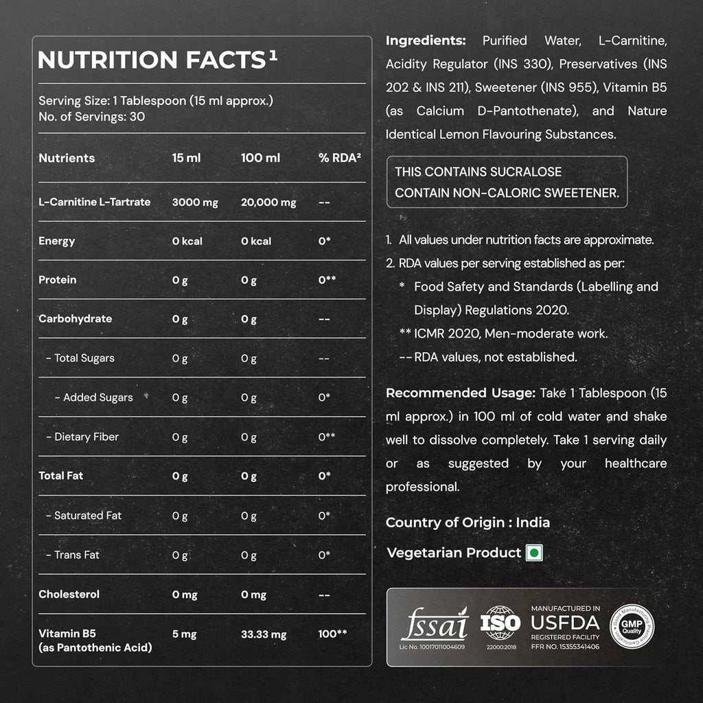 Nutrabay Pro Liquid L-Carnitine (3000mg) with Vitamin B5 –Pre/Post Workout – 450ml, Lemon, 30 Servings | Tested for Purity | Metabolism Booster for Weight Loss Support | 2X Strength
