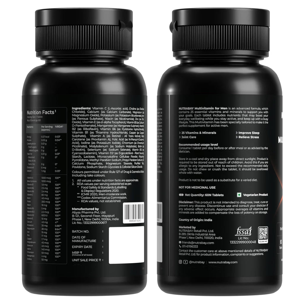 Nutrabay Pro Active Multivitamin for Men with Zinc, Magnesium, Vitamin B,C,A,E – Enhances Energy, Immunity & Better Sleep– 60 Veg Capsules | 100% RDA for Viamins & Minerals | Purity Tested Supplement