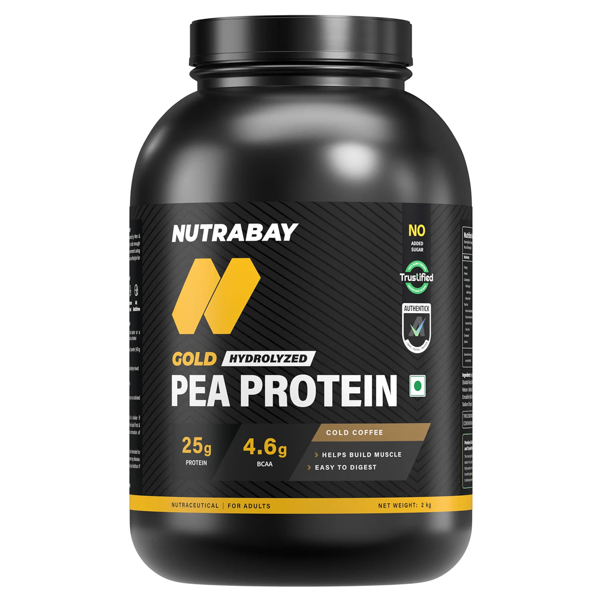 NUTRABAY Gold Hydrolyzed Pea Protein Powder - 2kg, Cold Coffee | 25g Protein, 4.6g BCAA, 5g Fiber | Complete Amino Profile | Tastiest & Smoothest Vegan, Plant Protein | Muscle Gain & Fast Recovery