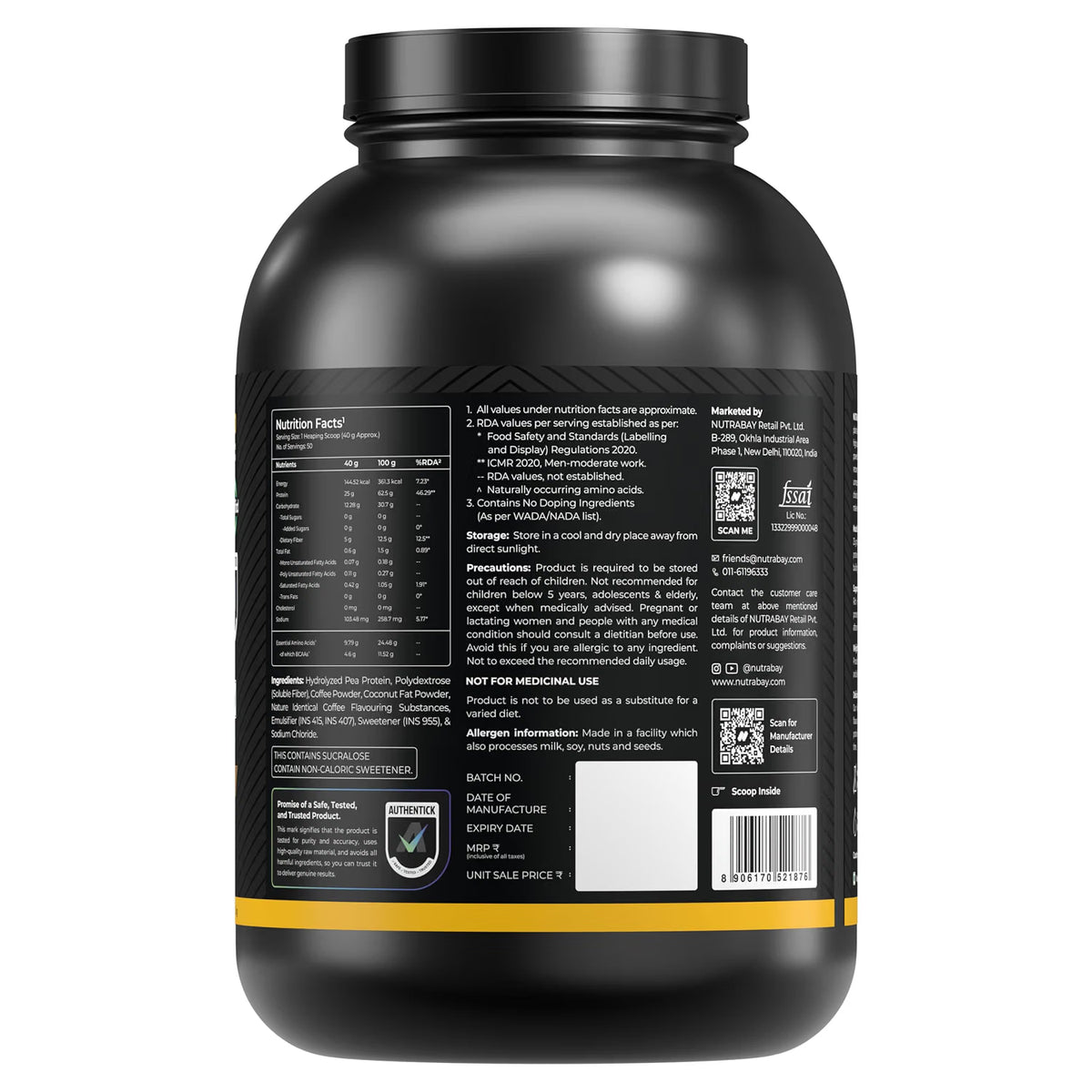 NUTRABAY Gold Hydrolyzed Pea Protein Powder - 2kg, Cold Coffee | 25g Protein, 4.6g BCAA, 5g Fiber | Complete Amino Profile | Tastiest & Smoothest Vegan, Plant Protein | Muscle Gain & Fast Recovery