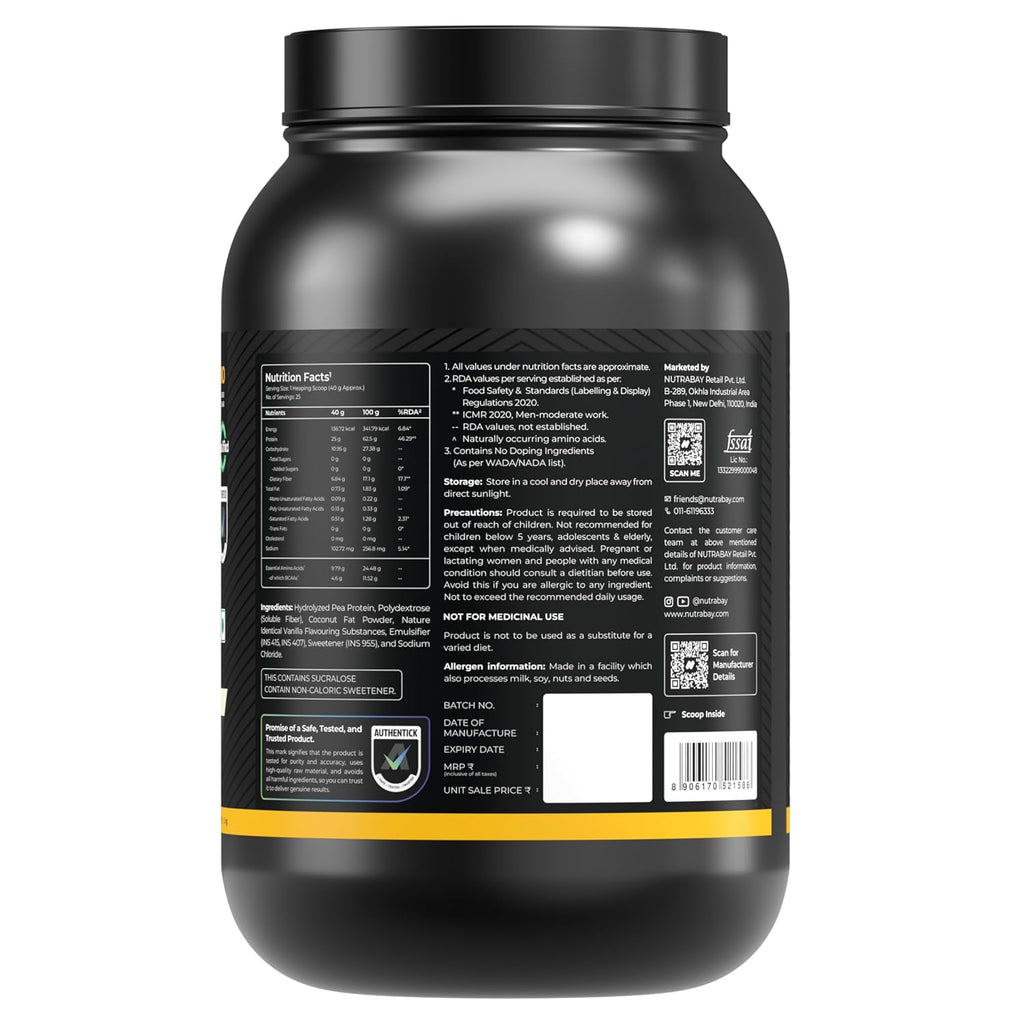 NUTRABAY Gold Hydrolyzed Pea Protein Powder - 1kg, French Vanilla | 25g Protein, 4.6g BCAA, 5g Fiber | Complete Amino Profile | Tastiest & Smoothest Vegan, Plant Protein | Muscle Gain & Fast Recovery