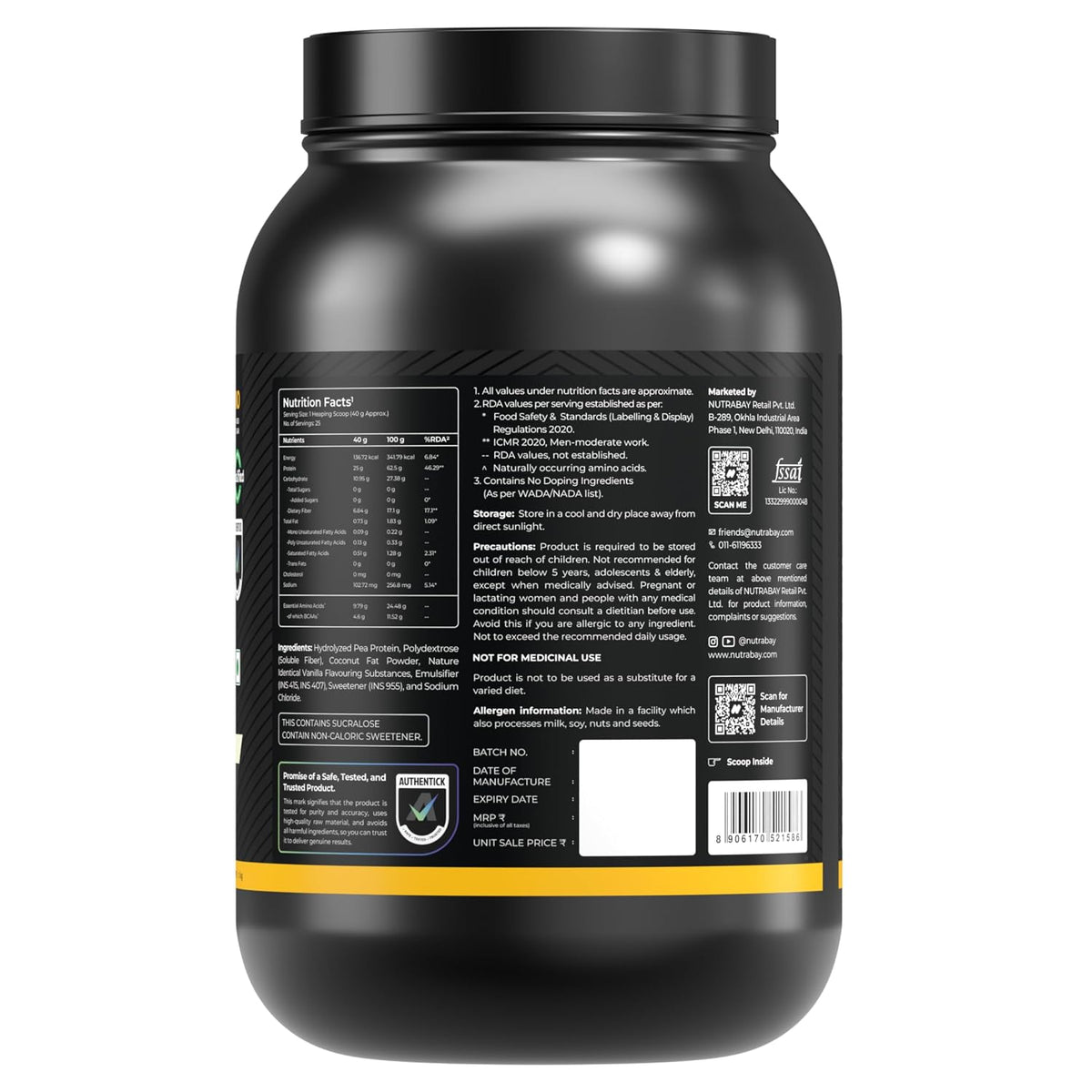 NUTRABAY Gold Hydrolyzed Pea Protein Powder - 1kg, French Vanilla | 25g Protein, 4.6g BCAA, 5g Fiber | Complete Amino Profile | Tastiest & Smoothest Vegan, Plant Protein | Muscle Gain & Fast Recovery