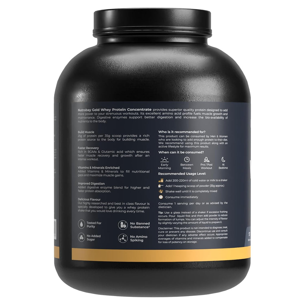 Nutrabay Gold Whey Protein Concentrate with Digestive Enzymes & Vitamin Minerals 25g Protein – Muscle Support & Recovery – 2kg, Mango | Trustified Certified Authentic