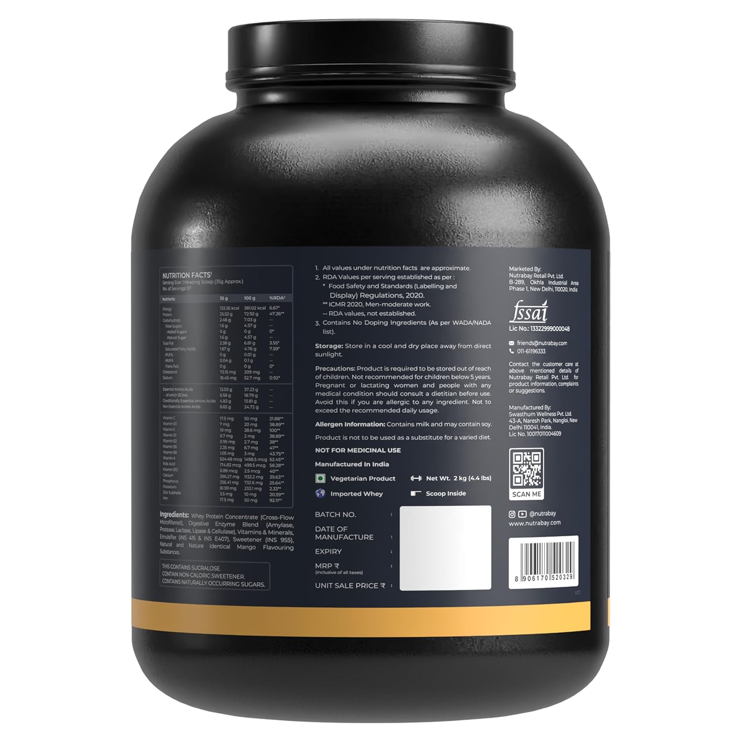 Nutrabay Gold Whey Protein Concentrate with Digestive Enzymes & Vitamin Minerals 25g Protein – Muscle Support & Recovery – 2kg, Mango | Trustified Certified Authentic