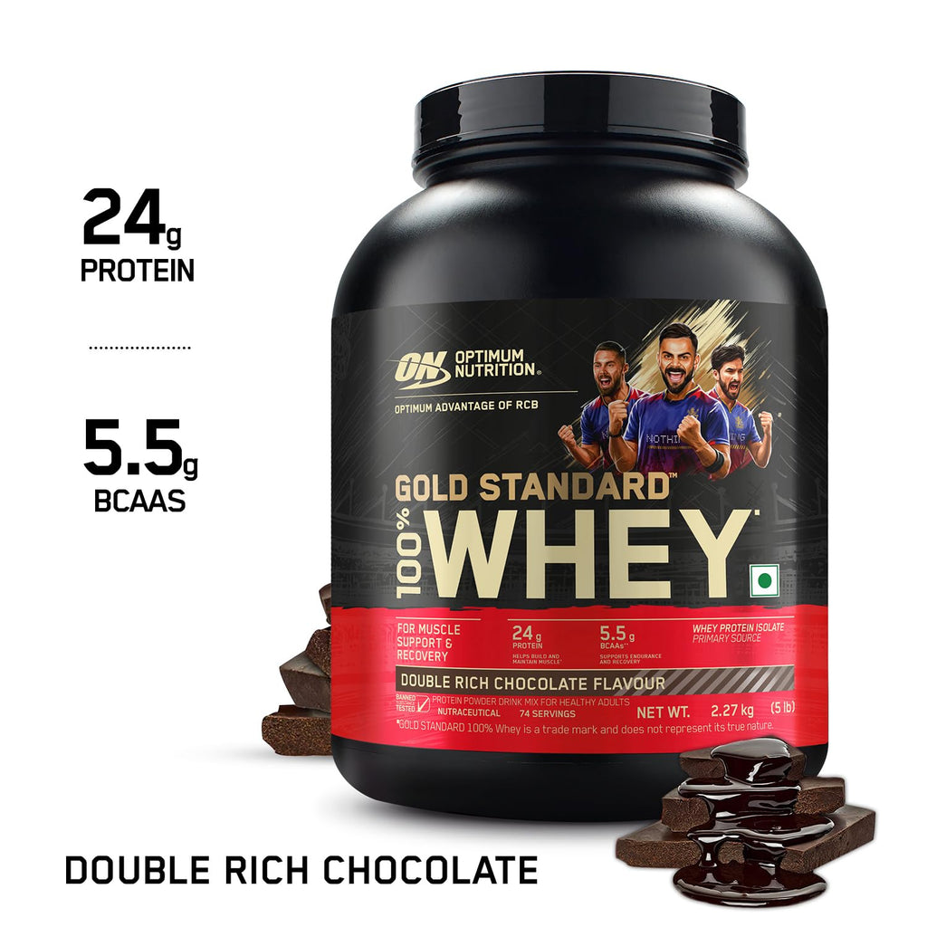 Optimum Nutrition (ON) RCB Limited Edition Gold Standard 100% Whey Protein Powder Double Rich Chocolate, 5 lb, 2.27 kg, for Muscle Support & Recovery, Vegetarian - Primary Source Whey Protein Isolate