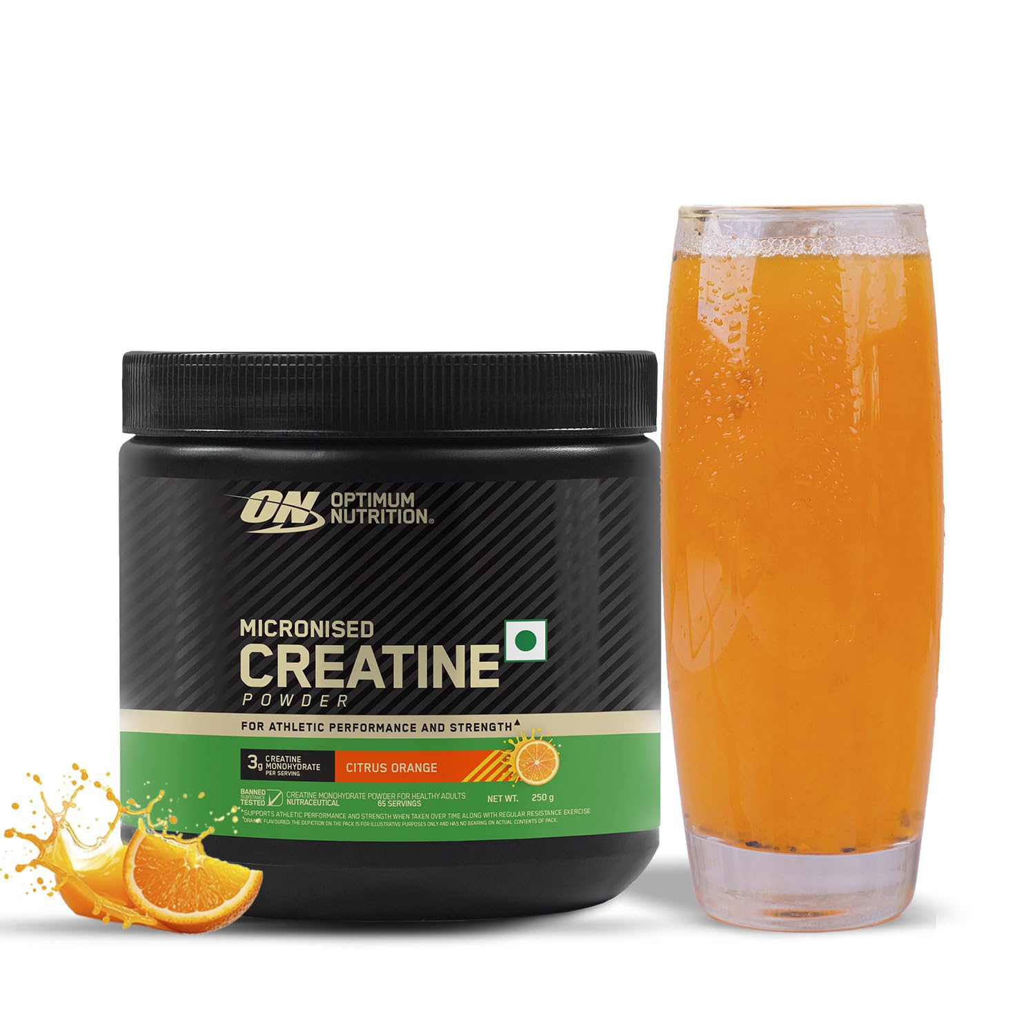 Optimum Nutrition (ON) Micronized Creatine Powder - 250 Gram, 65 Serves, Citrus Orange, 3g of 100% Micronised Creatine Monohydrate per serve, Supports Athletic Performance & Strength.