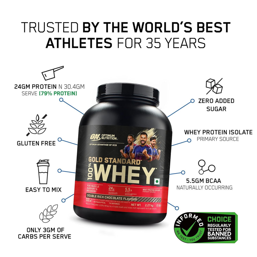Optimum Nutrition (ON) RCB Limited Edition Gold Standard 100% Whey Protein Powder Double Rich Chocolate, 5 lb, 2.27 kg, for Muscle Support & Recovery, Vegetarian - Primary Source Whey Protein Isolate