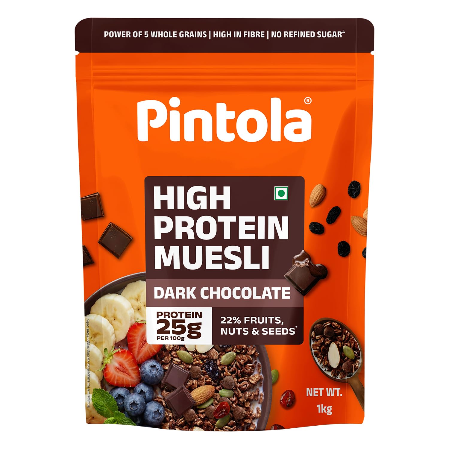 Pintola High Protein Muesli Dark Chocolate & Cranberry 1kg, 25g Protein, High Fibre, Trans Fat Free with Brown Sugar, Real Fruits, Muesli for Breakfast Food, Muselies Fruit Nuts and Seeds 1 kg