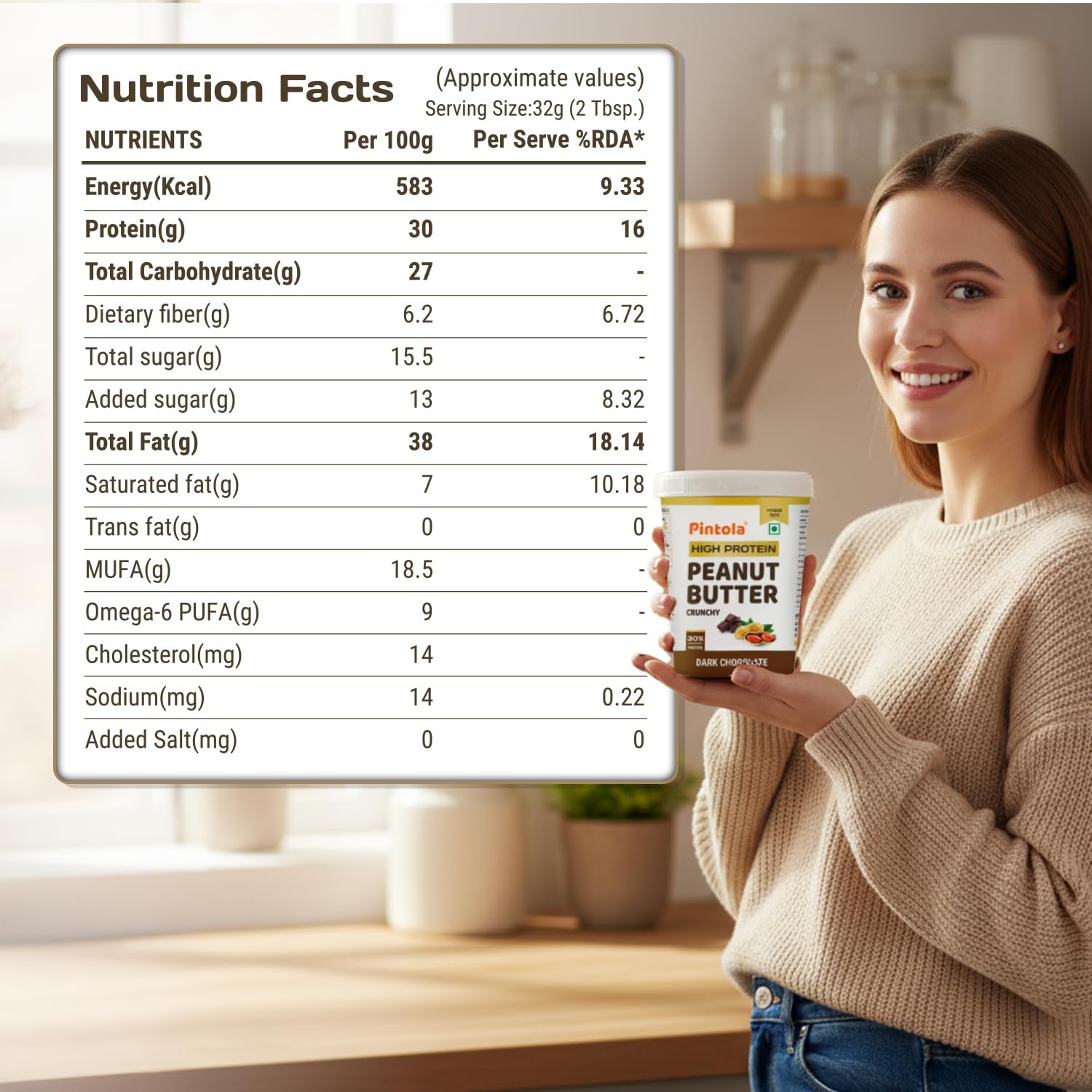 PINTOLA High Protein Peanut Butter Chocolate Flavour Crunchy 1kg, Added WHEY Protein, 30g Protein 6.2g Fiber, Gluten Free, Zero Trans Fat, Dark Chocolate Peanut Butter Spread, Nut Butter Bread Snacks
