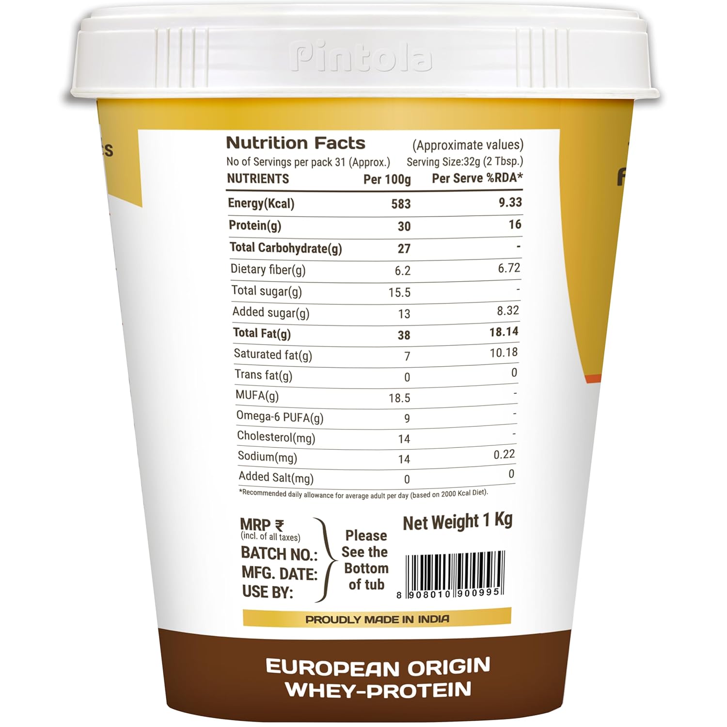 PINTOLA High Protein Peanut Butter Chocolate Flavour Creamy 1kg, Added WHEY Protein, 30g Protein 6.2g Fiber, Gluten Free, Zero Trans Fat, Dark Chocolate Peanut Butter Spread, Nut Butter Bread Snacks