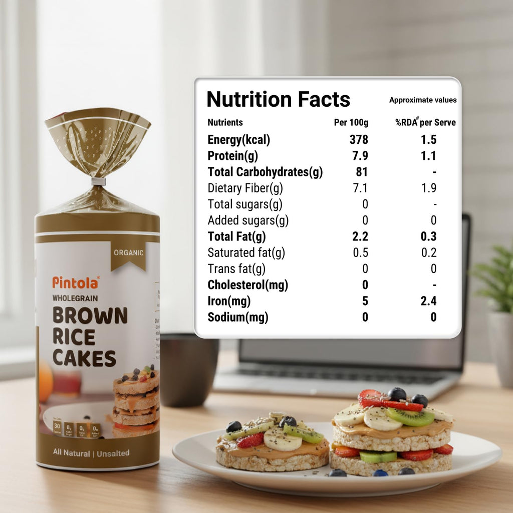 Pintola Organic Brown Rice Cake All Natural Unsalted 130g | Gluten-Free Snack | 9 Wholegrains | Low Fat | 30 Calories per Cake | Soy & Yeast Free | Healthy Snack for Weight Loss