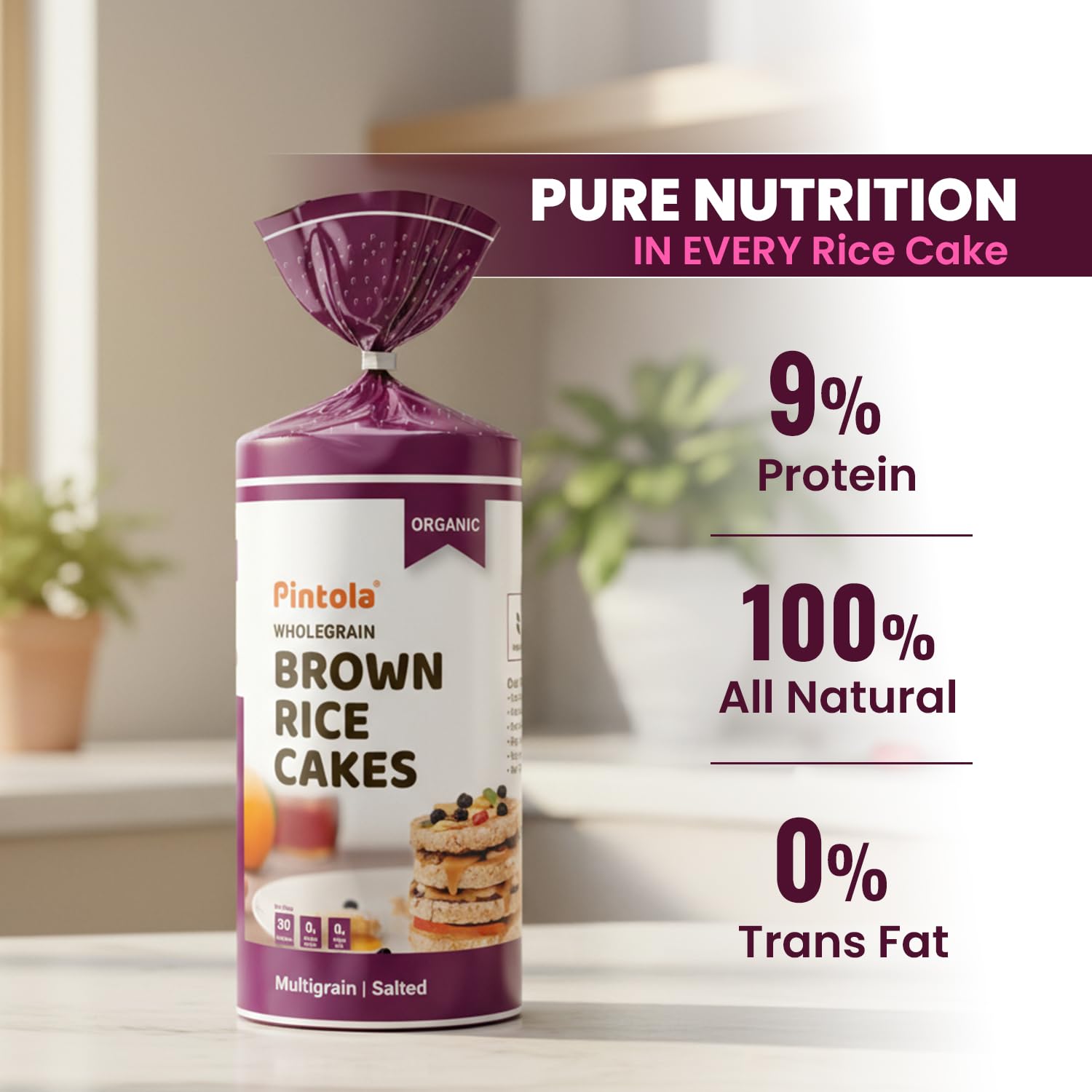 Pintola Organic Brown Rice Cake Multigrain Salted 130g | Gluten-Free Snack | 9 Wholegrains | Low Fat | 30 Calories per Cake | Soy & Yeast Free | Healthy Snack for Weight Loss