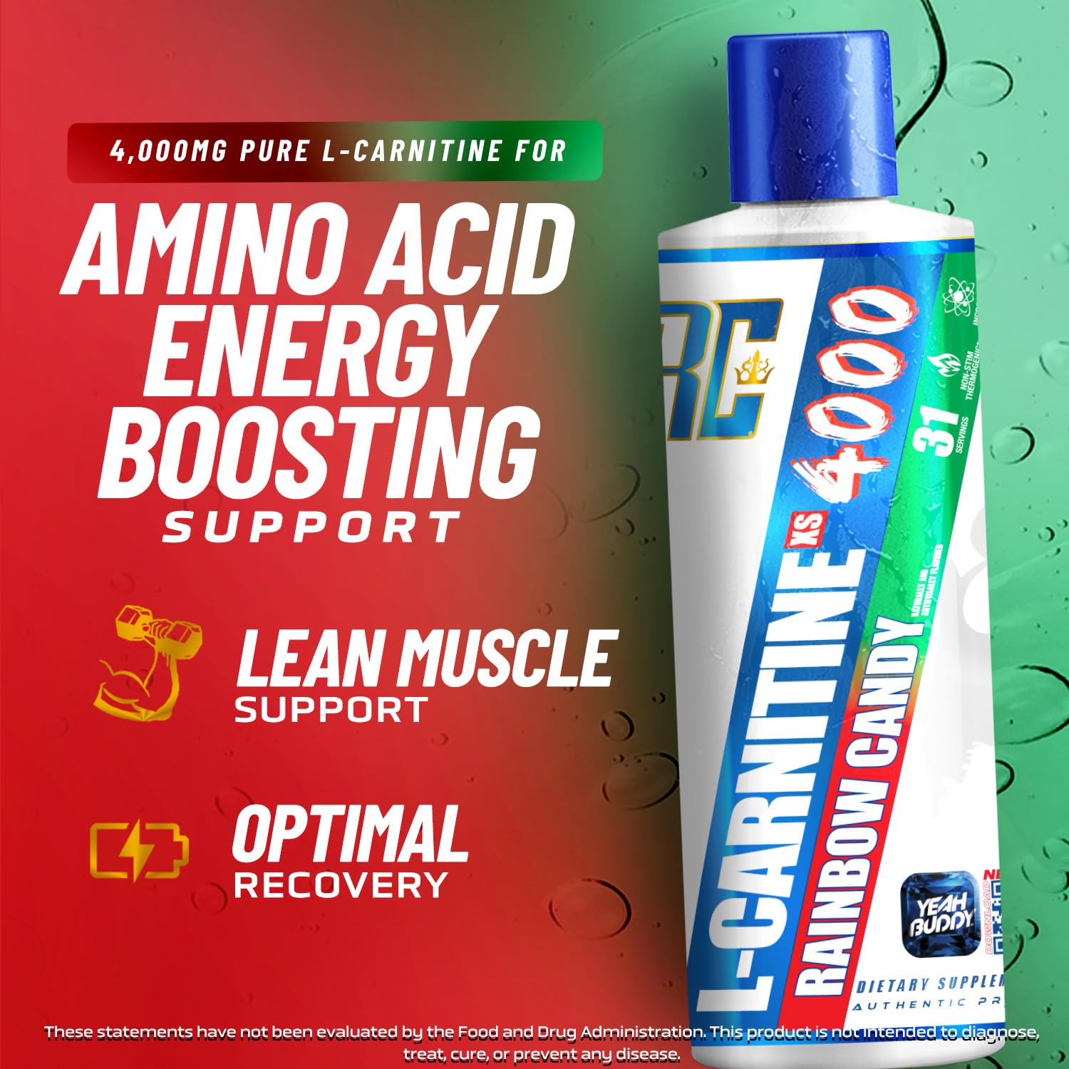 Ronnie Coleman Signature Series L Carnitine XS 4000 Liquid, Stimulant Free, Sugar Free, Zero Carbs, Lean Muscle Strength Support for Men & Women,16 oz, Rainbow Candy