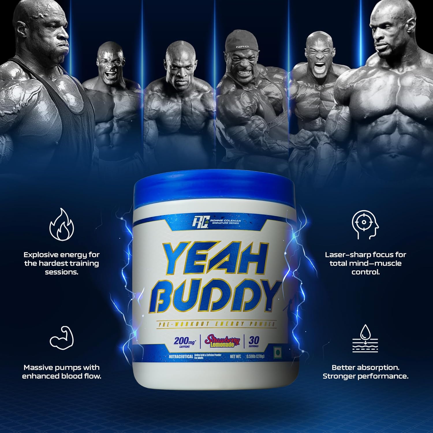 Ronnie Coleman Signature Series Yeah Buddy Pre-Workout Powder, Strawberry Lemonade (30 Servings, 270g / 0.59lbs)