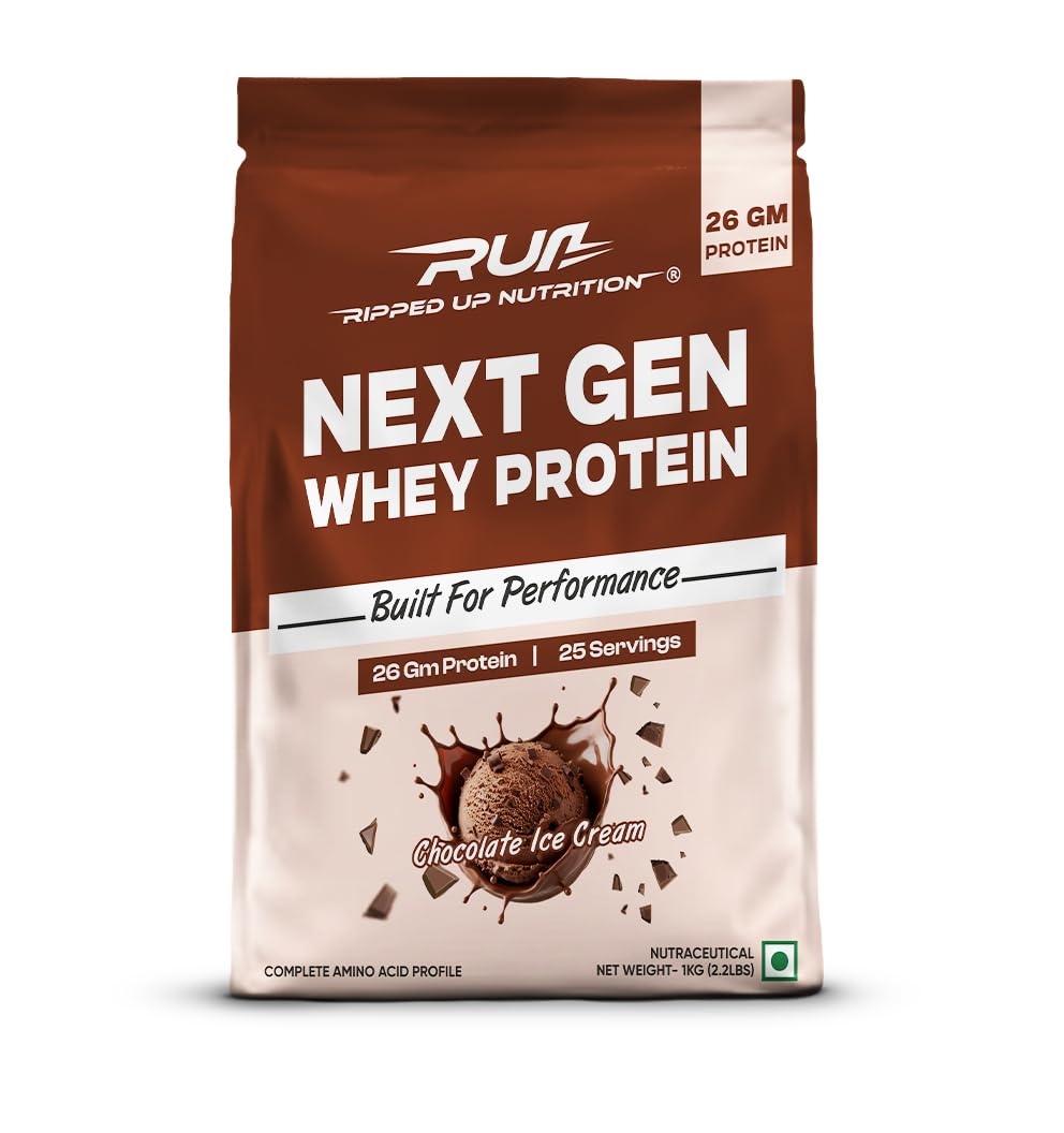 Ripped Up Nutrition Next Gen Whey Protein Powder | Whey + Fermented Yeast with DigeZyme Digestive Enzymes | 26g Protein, Complete Amino Profile | No Bloating, Low Sugar | (1 Kg, Chocolate Ice Cream)