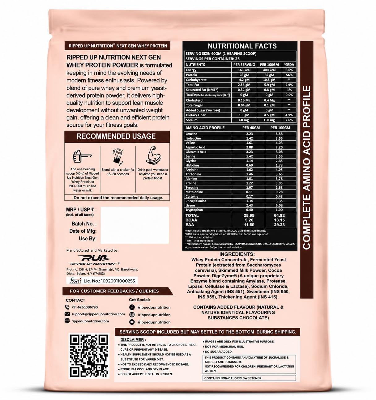 Ripped Up Nutrition Next Gen Whey Protein Powder | Whey + Fermented Yeast with DigeZyme Digestive Enzymes | 26g Protein, Complete Amino Profile | No Bloating, Low Sugar | (1 Kg, Chocolate Ice Cream)