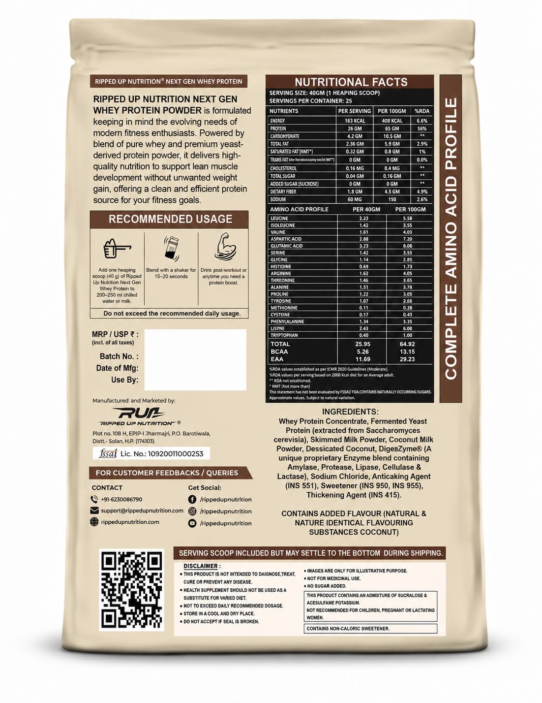 Ripped Up Nutrition Next Gen Whey Protein Powder | Whey + Fermented Yeast with DigeZyme Digestive Enzymes | 26g Protein, Complete Amino Profile | No Bloating, Low Sugar | (1 Kg, Coconut Ice Cream)