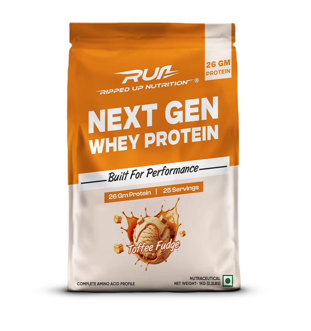 Ripped Up Nutrition Next Gen Whey Protein Powder | Whey + Fermented Yeast with DigeZyme Digestive Enzymes | 26g Protein, Complete Amino Profile | No Bloating, Low Sugar | (1 Kg, Toffee Fudge)