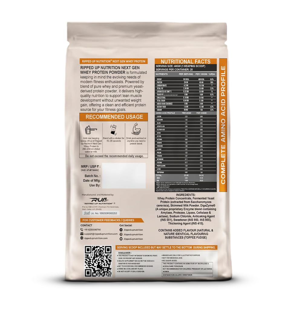 Ripped Up Nutrition Next Gen Whey Protein Powder | Whey + Fermented Yeast with DigeZyme Digestive Enzymes | 26g Protein, Complete Amino Profile | No Bloating, Low Sugar | (1 Kg, Toffee Fudge)