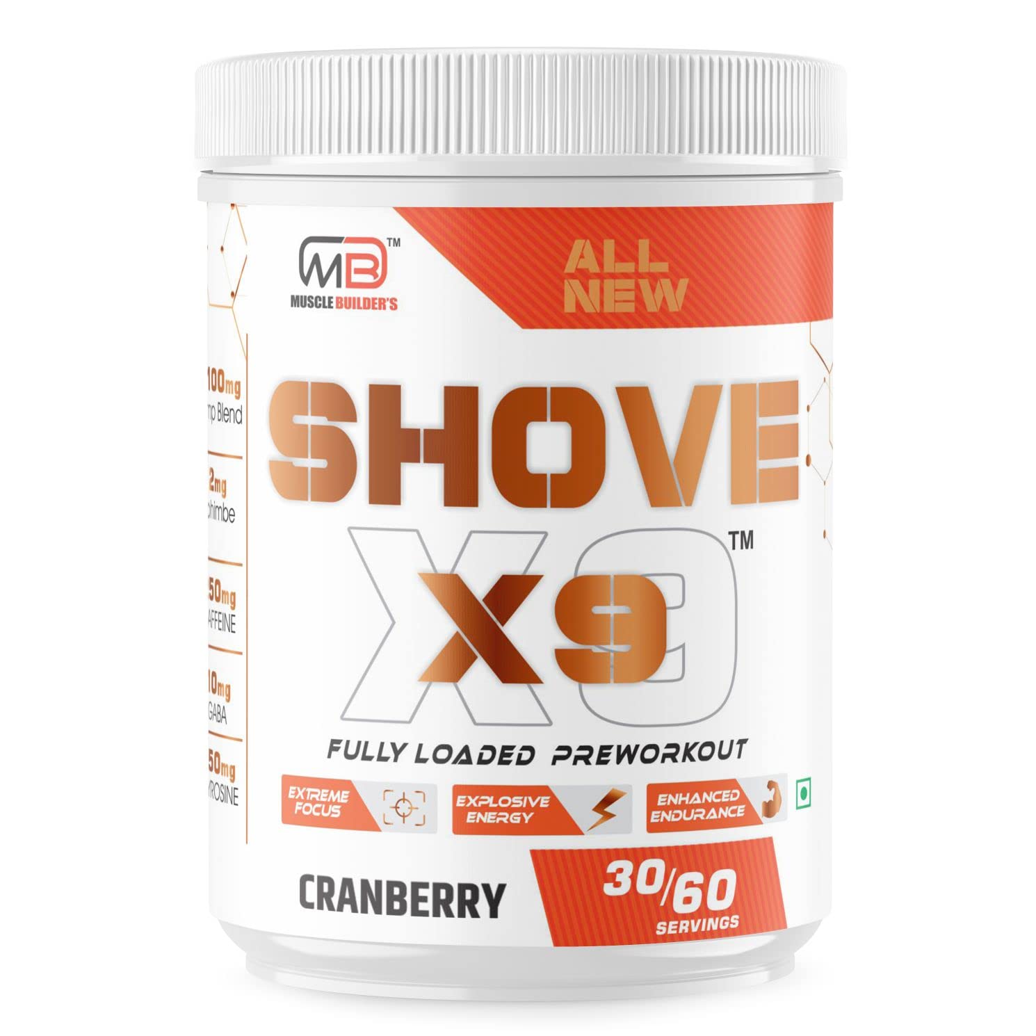 MB MUSCLE BUILDER'S Shove X9 Preworkout - Boost Energy, Increase Endurance and Focus, Beta-Alanine, 250mg Caffeine, Citrulline Malate, L-Arginine for Athletic Performance & Muscle Pumps [60 Servings, Cranberry]
