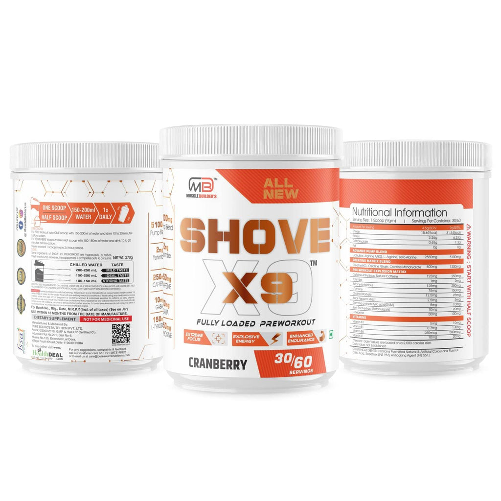 MB MUSCLE BUILDER'S Shove X9 Preworkout - Boost Energy, Increase Endurance and Focus, Beta-Alanine, 250mg Caffeine, Citrulline Malate, L-Arginine for Athletic Performance & Muscle Pumps [60 Servings, Cranberry]