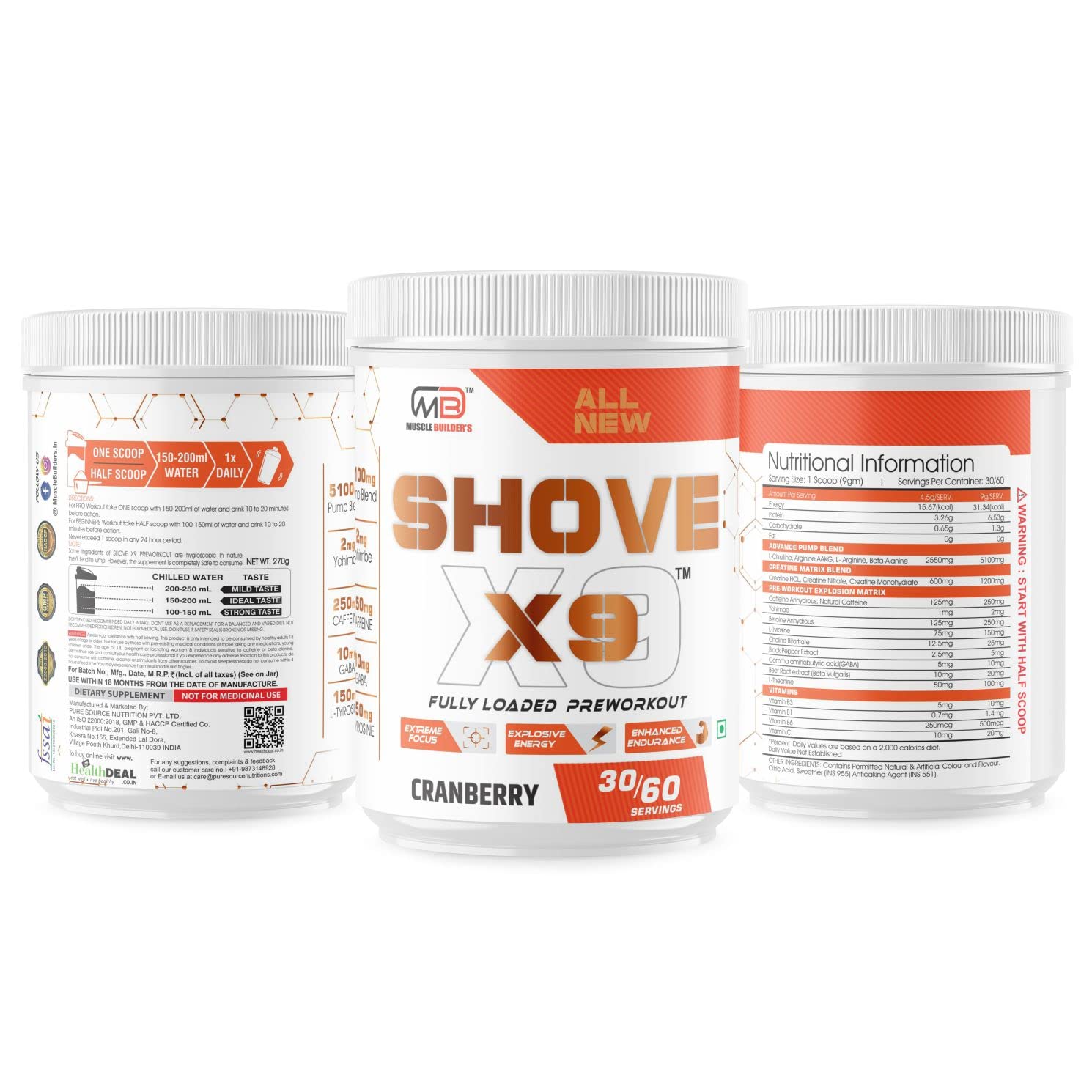 MB MUSCLE BUILDER'S Shove X9 Preworkout - Boost Energy, Increase Endurance and Focus, Beta-Alanine, 250mg Caffeine, Citrulline Malate, L-Arginine for Athletic Performance & Muscle Pumps [60 Servings, Cranberry]