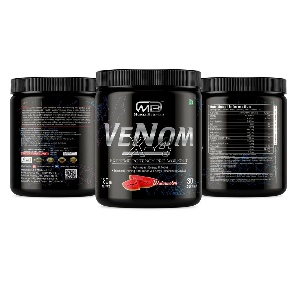 Venom X4 Extreme Potency Pre Workout with L-Arginine, L-Citrulline, Creatine, Beta Alanine & Caffeine Anhydrous for Explosive Muscle Pump, Strength, Focus & Energy – For Men & Women [30 Servings, 180g]