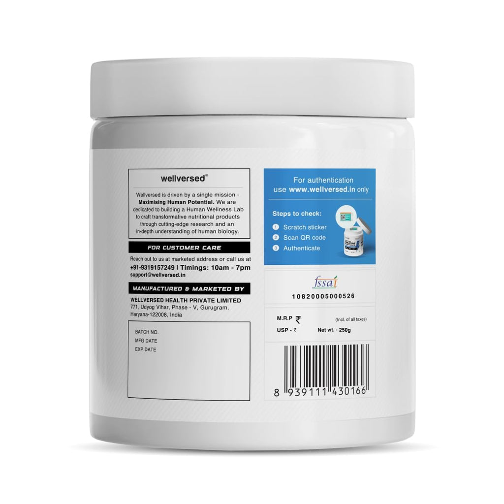 Wellcore Pure Micronised Creatine Powder (83 Servings, Unflavoured) For Enhanced Muscle Strength With Rapid Absorption | Creatine Monohydrate | Wellcore Creatine Unflavoured - 250g