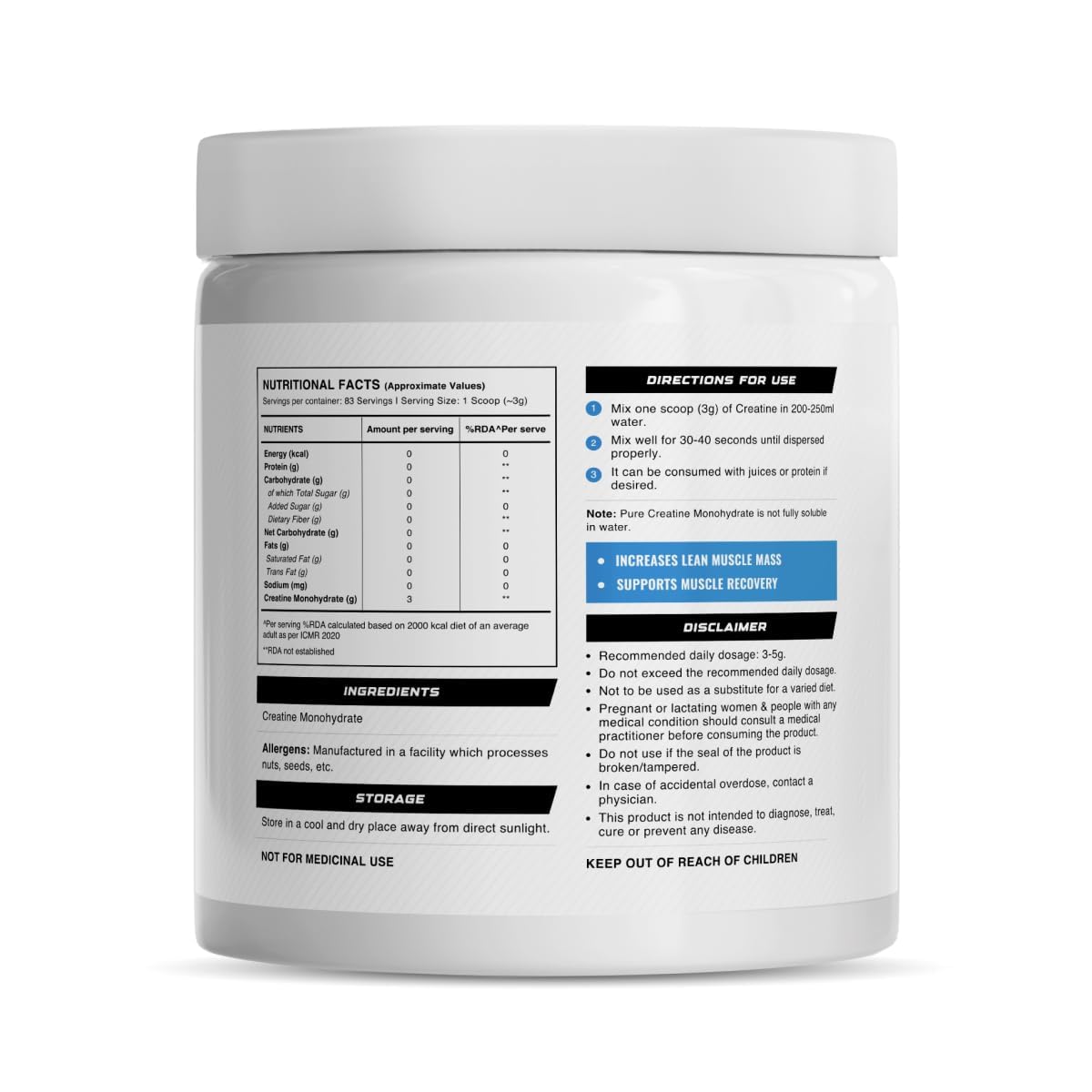 Wellcore Pure Micronised Creatine Powder (83 Servings, Unflavoured) For Enhanced Muscle Strength With Rapid Absorption | Creatine Monohydrate | Wellcore Creatine Unflavoured - 250g