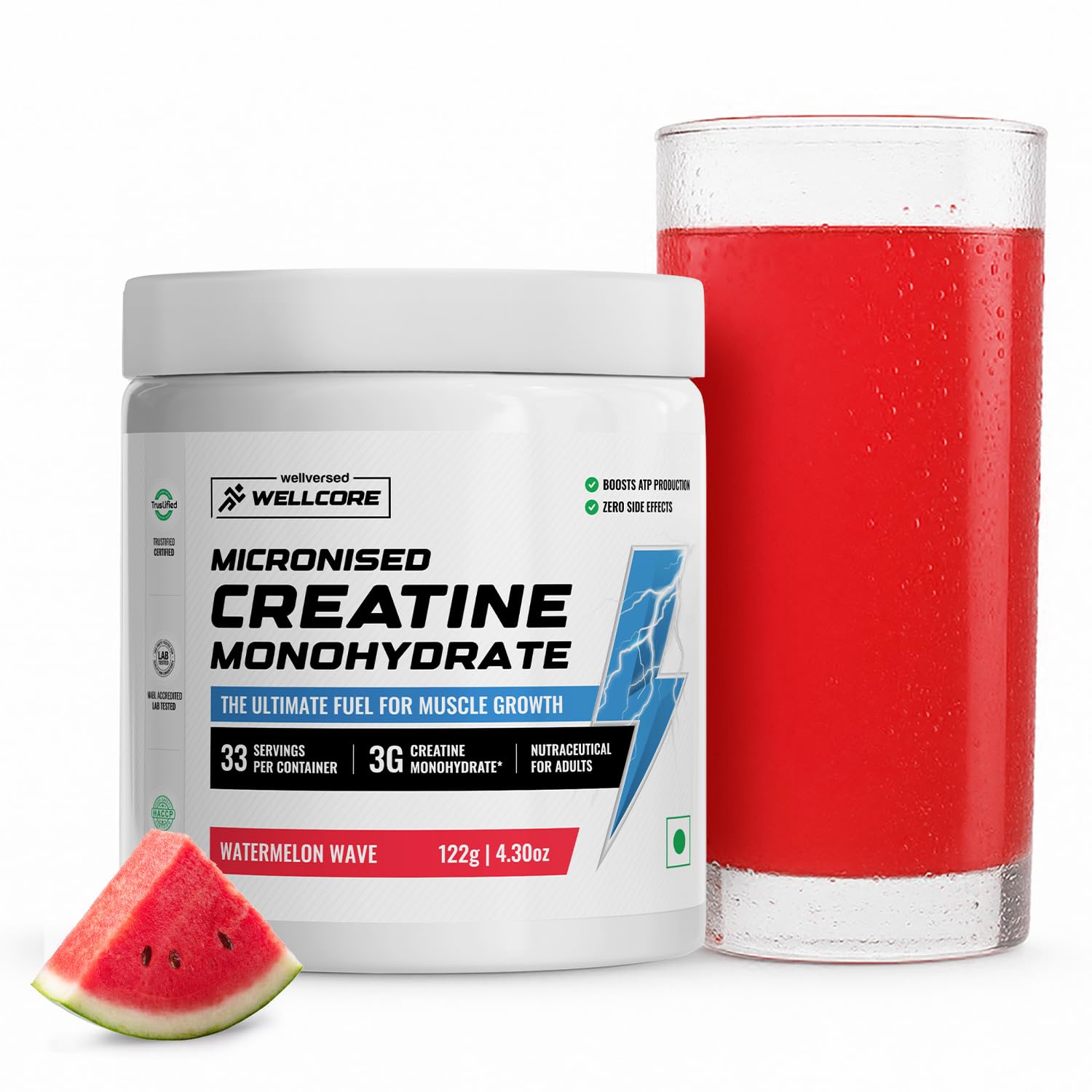 Wellcore Pure Micronised Creatine Powder (33 Servings, Watermelon Wave) For Enhanced Muscle Strength With Rapid Absorption | Creatine Monohydrate | Wellcore Creatine Flavoured - 122g