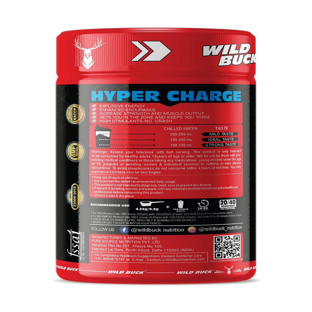 WILD BUCK Hyper Charge Pre-X4 Hardcore Pre-Workout Supplement powder with Creatine Monohydrate,Arginine AAKG,Explosive Muscle Pump,Caffeinated Punch For Unisex[40 Serv,Cranberry Blast], 170 grams