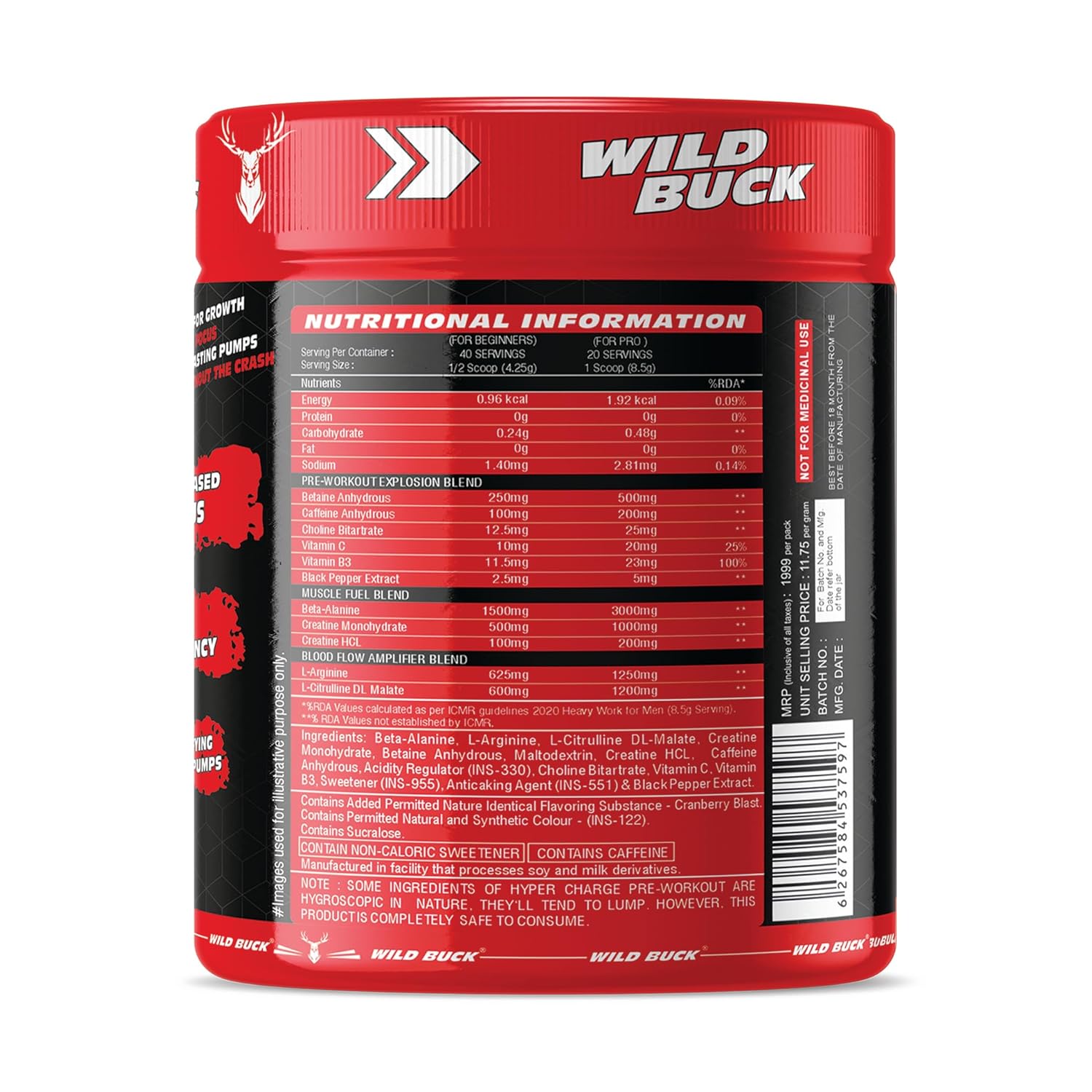 WILD BUCK Hyper Charge Pre-X4 Hardcore Pre-Workout Supplement powder with Creatine Monohydrate,Arginine AAKG,Explosive Muscle Pump,Caffeinated Punch For Unisex[40 Serv,Cranberry Blast], 170 grams