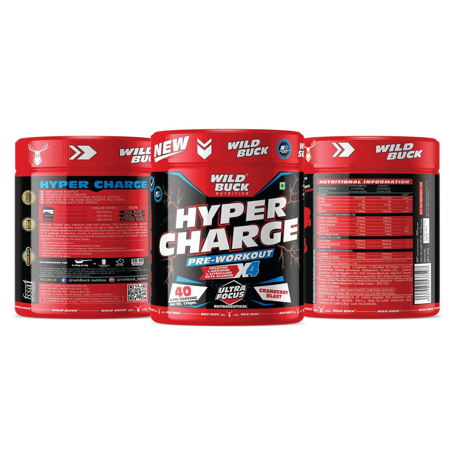 WILD BUCK Hyper Charge Pre-X4 Hardcore Pre-Workout Supplement powder with Creatine Monohydrate,Arginine AAKG,Explosive Muscle Pump,Caffeinated Punch For Unisex[40 Serv,Cranberry Blast], 170 grams