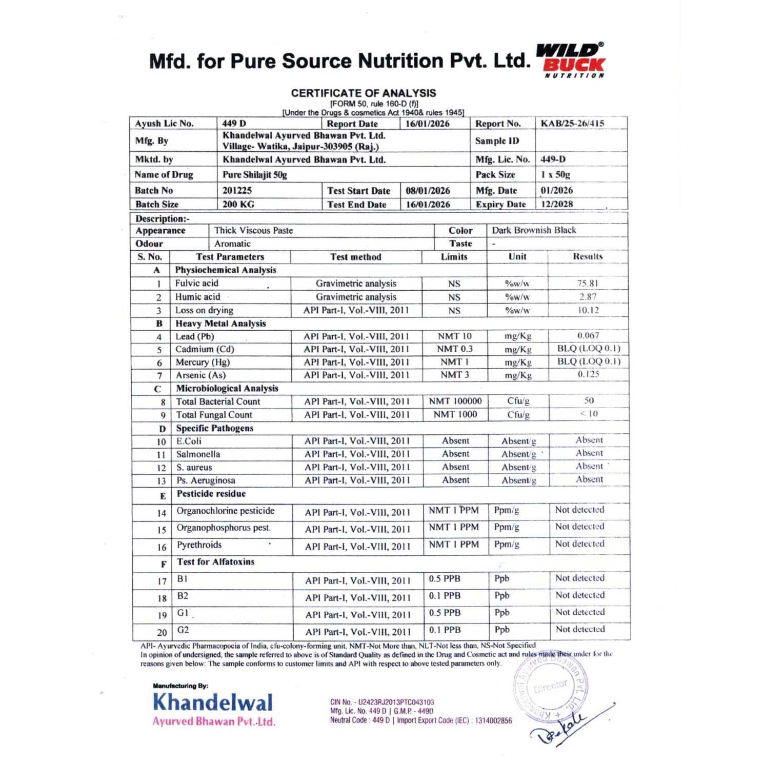 Wild Buck Nutrition Pure Himalayan Shilajit Resin 50g | 76%+ Fulvic Acid | Lab Tested & COA Verified | No Additives, No Preservatives | Authentic Ayurvedic Mineral Resin for Daily Wellness, Energy & Active Lifestyle Support