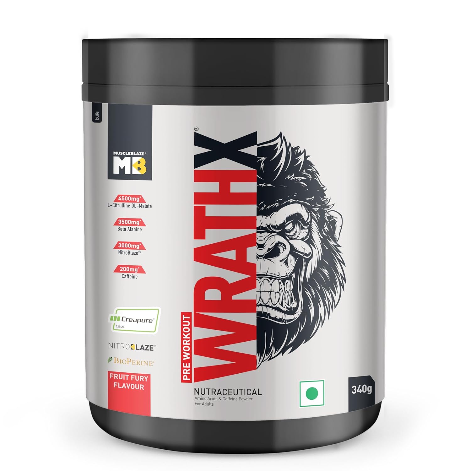 MuscleBlaze Pre Workout Wrathx Powder, Fruit Fury (20 Servings, 340g) | With Creapure, NitroBlaze & BioPerine