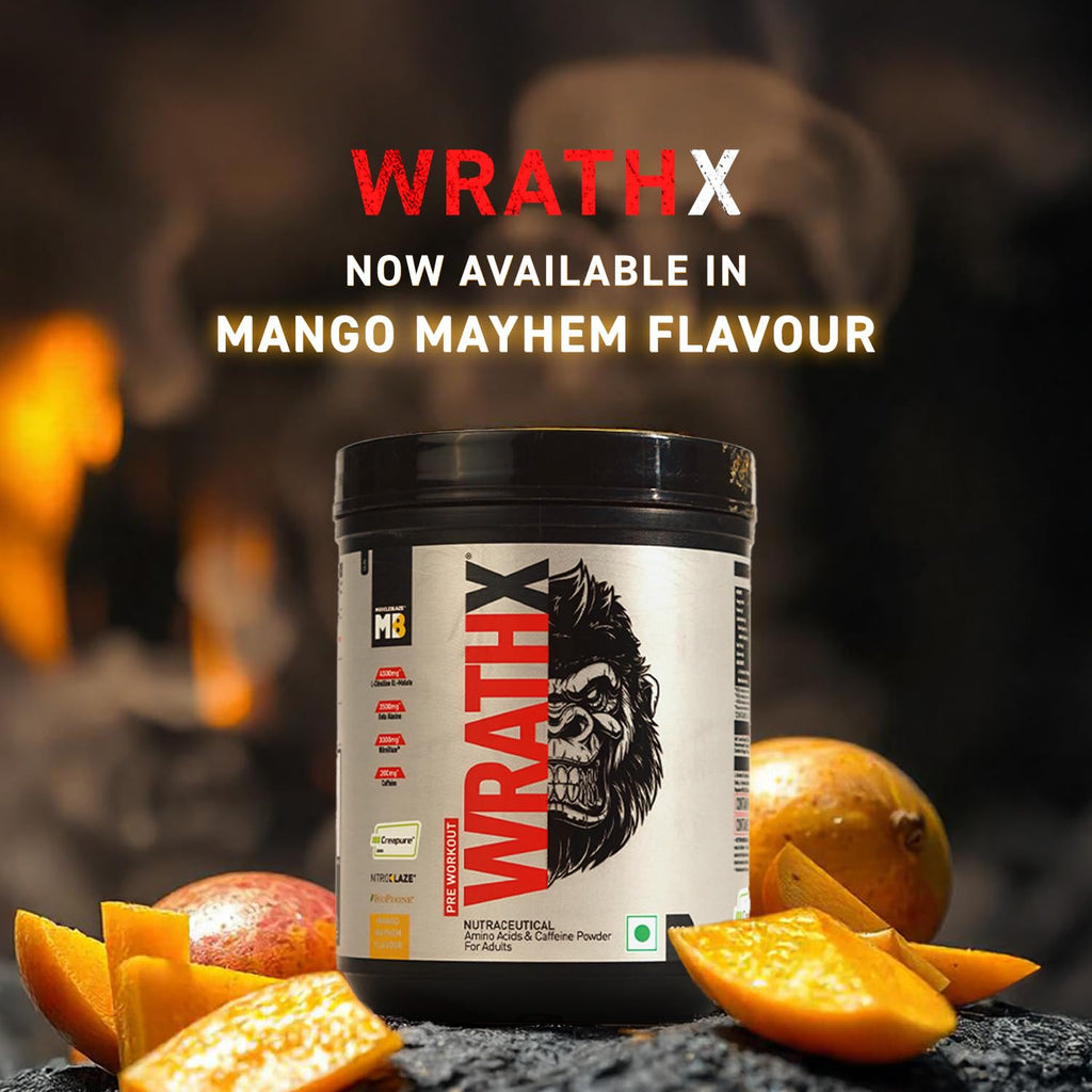 MuscleBlaze Pre Workout WrathX Powder, Mango Mayhem (20 Servings, 340g) | With Creapure, NitroBlaze & BioPerine