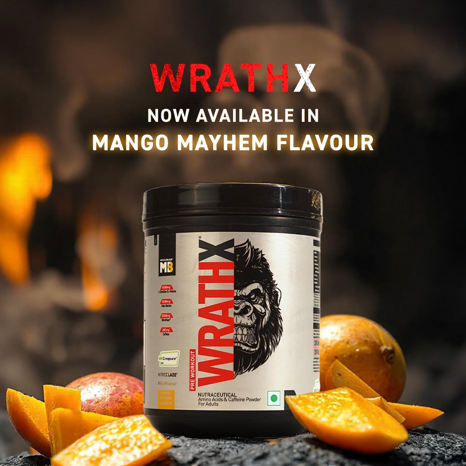 MuscleBlaze Pre Workout WrathX Powder, Mango Mayhem (20 Servings, 340g) | With Creapure, NitroBlaze & BioPerine