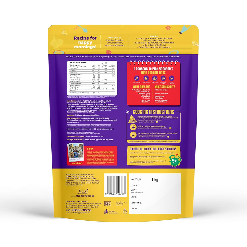 Yogabar 26g High Protein Oats 1kg , Dark Chocolate - Breakfast Cereal with Wholegrains, 26% Protein & No added sugar - Oats High Protein for Gym - Premium Protein Blend with Whey Protein Powder